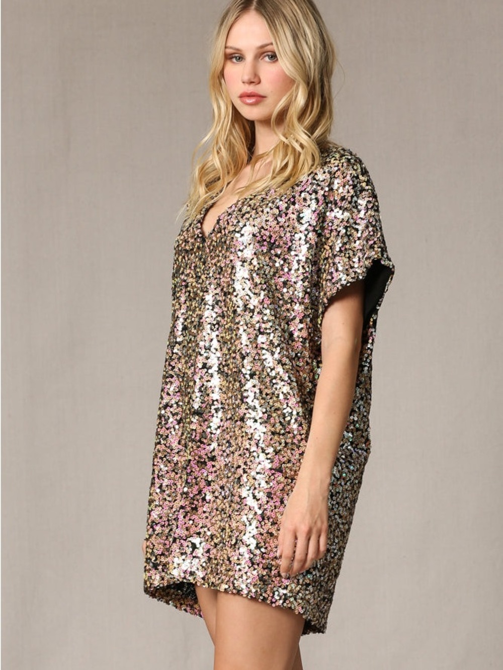 By Together Rose Gold Multi Sequin V-Neck Short Shift Dress